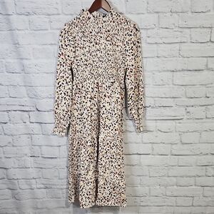 Cream Animal Print Long Sleeve Dress with Mandarin Collar